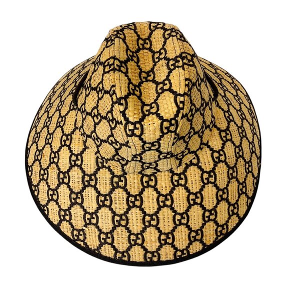 Gucci Mustard / Dark Brown Unisex GG Raffia Wide Brim Hat - Picture 6 of 11